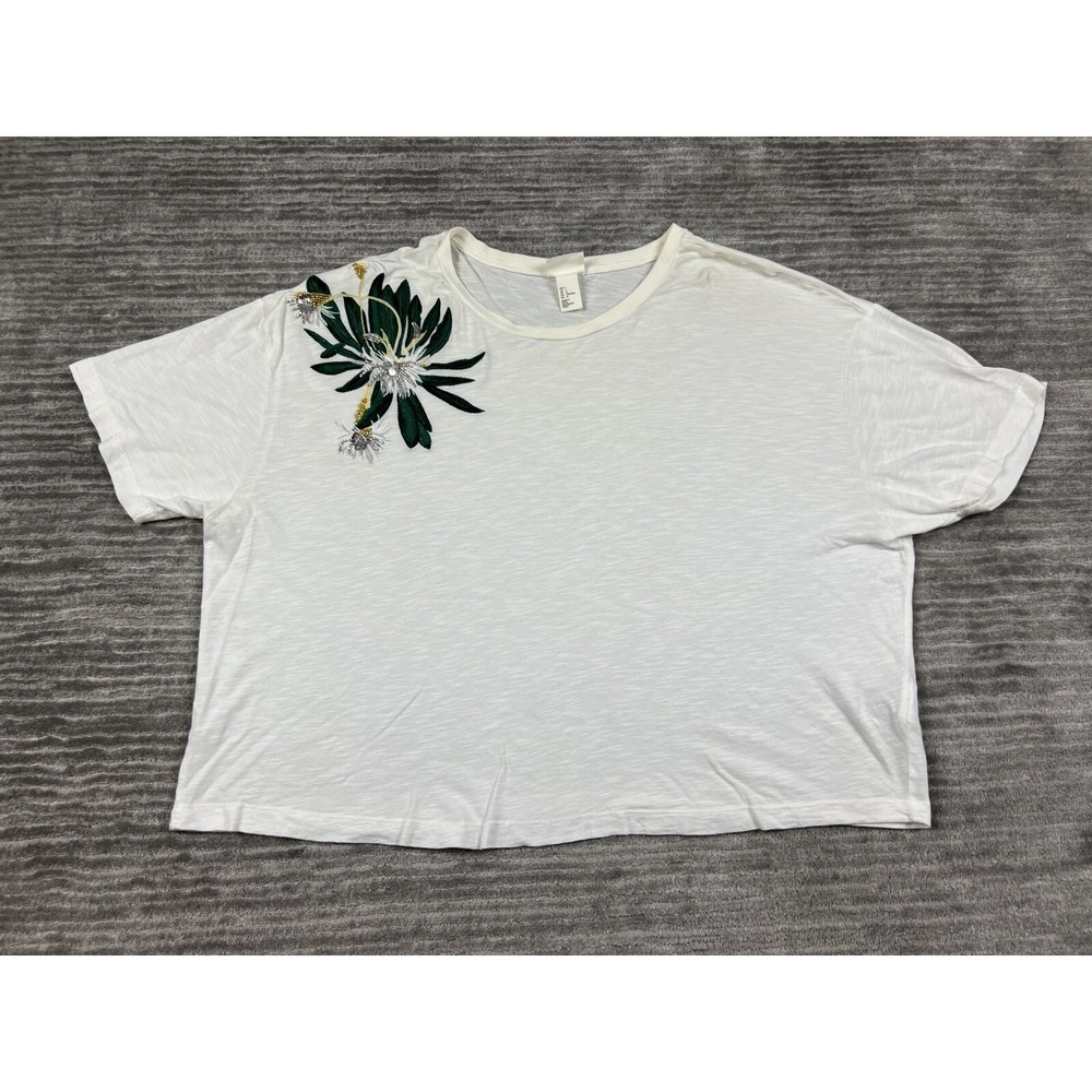 Anna Glover x H&M T-Shirt Womens Large White Floral Embroidered Beaded Boxy Tee